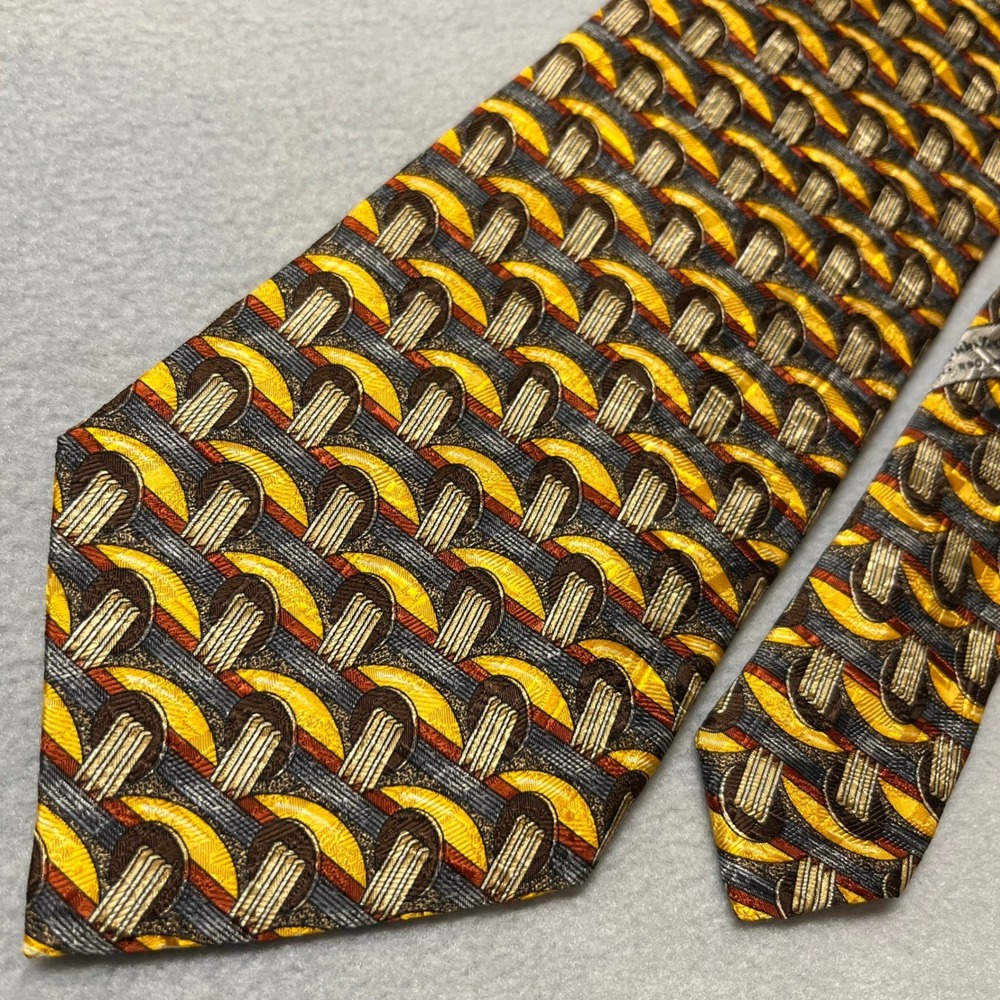 Ermenegildo Zegna Mens Silk Tie Yellow Gold Brown Geometric Italian Made Luxury